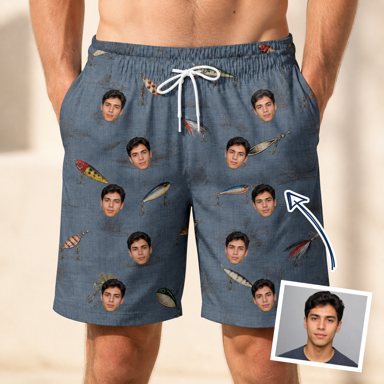 Man wearing Men's Jig Jamboree Custom Face Beach Shorts — custom faces printed all-over