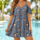 Model wearing Women's Jig Jamboree Custom Face Off-Shoulder Dress printed with kids' faces