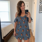 Real-life photo of someone wearing Women's Jig Jamboree Custom Face Off-Shoulder Dress — custom faces printed all-over