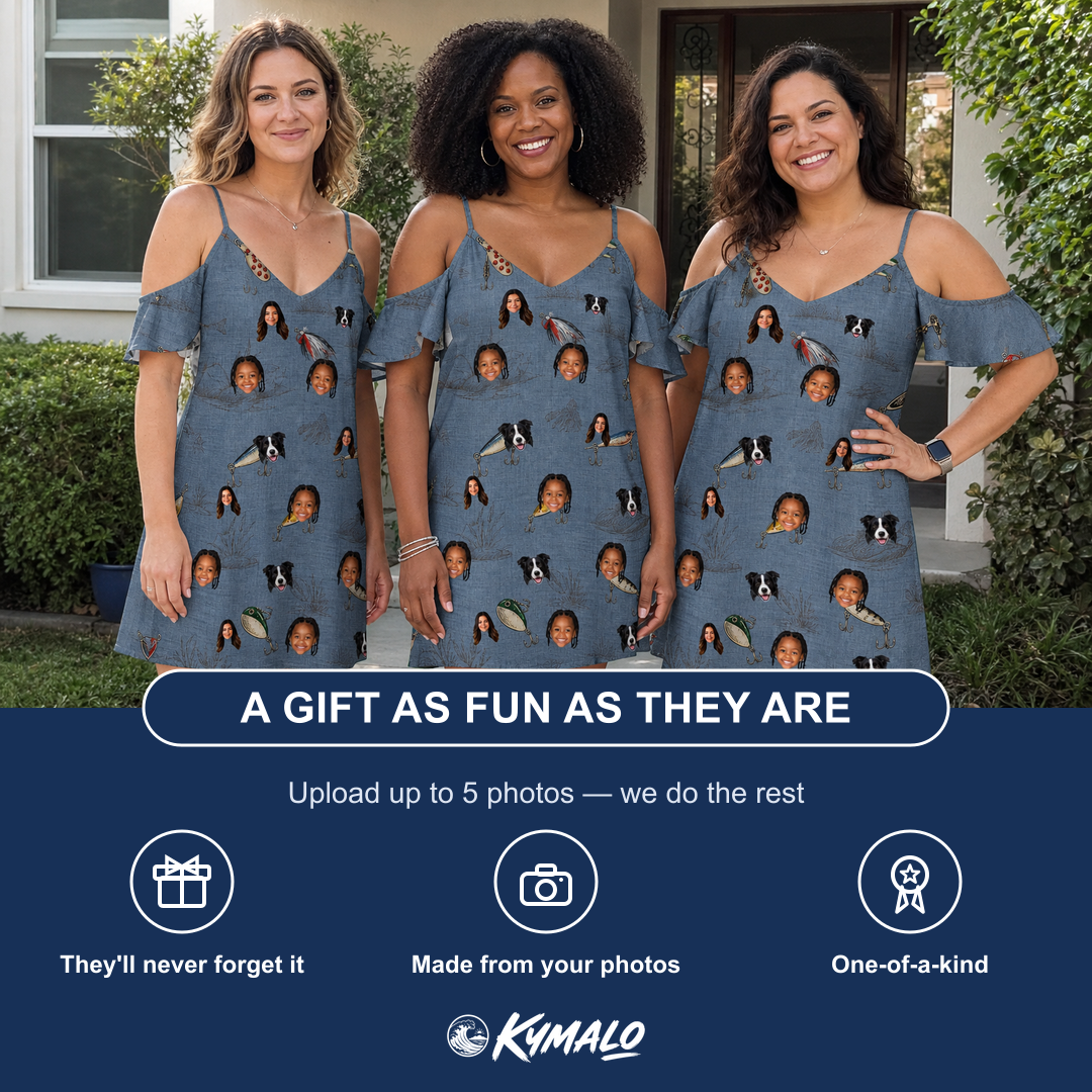 Friends in matching Women's Jig Jamboree Custom Face Off-Shoulder Dress — a group gift photo
