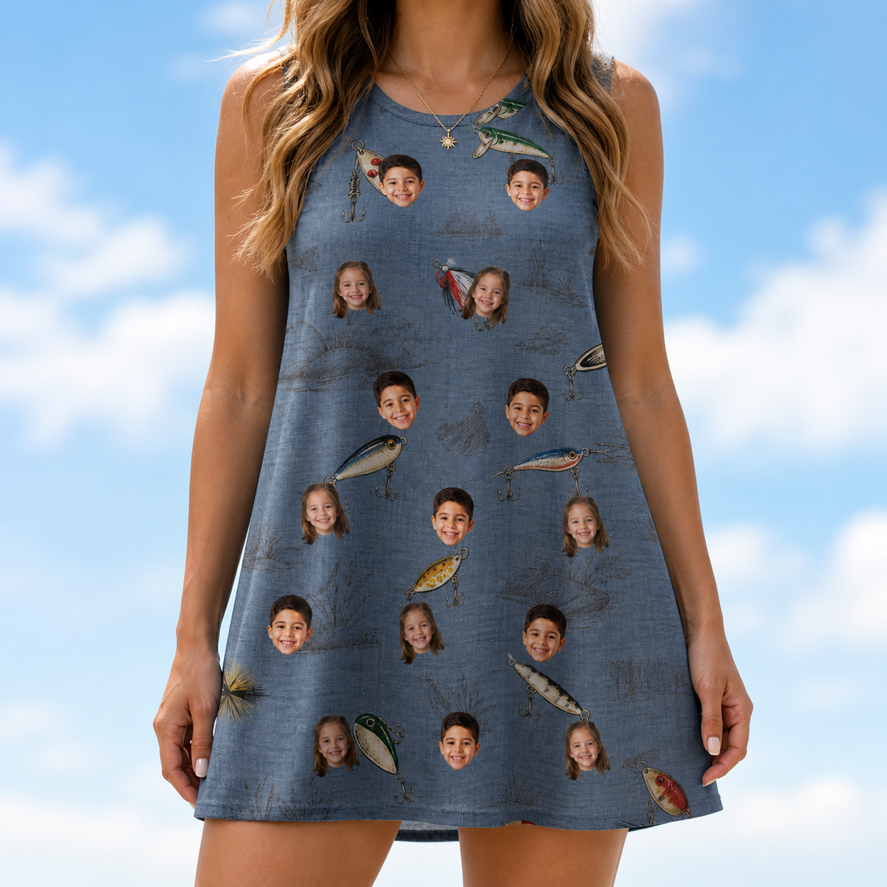 Model wearing Women's Jig Jamboree Custom Face Tank Dress printed with kids' faces