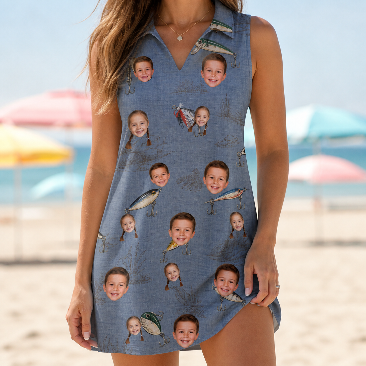 Model wearing Women's Jig Jamboree Custom Face V-Neck Dress printed with kids' faces
