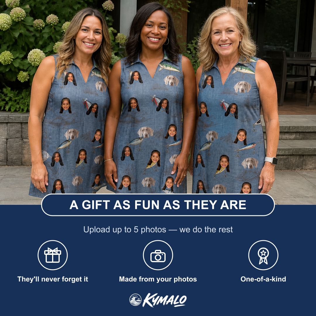 Friends in matching Women's Jig Jamboree Custom Face V-Neck Dress — a group gift photo