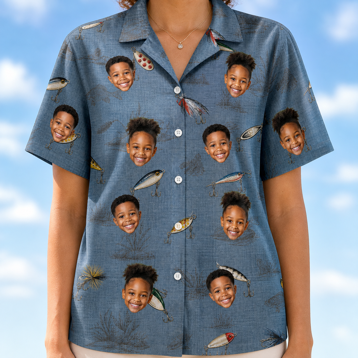 Model wearing Women's Jig Jamboree Custom Face Hawaiian Shirt printed with kids' faces