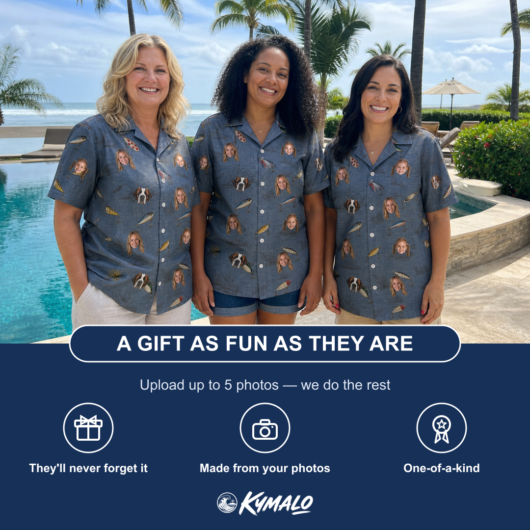 Friends in matching Women's Jig Jamboree Custom Face Hawaiian Shirt — a group gift photo