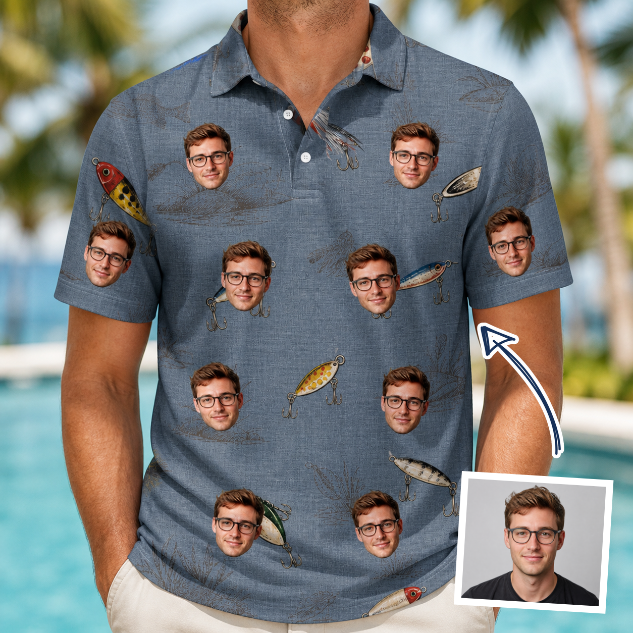 Man wearing Men's Jig Jamboree Custom Face Polo Shirt — custom faces printed all-over