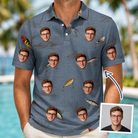 Man wearing Men's Jig Jamboree Custom Face Polo Shirt — custom faces printed all-over