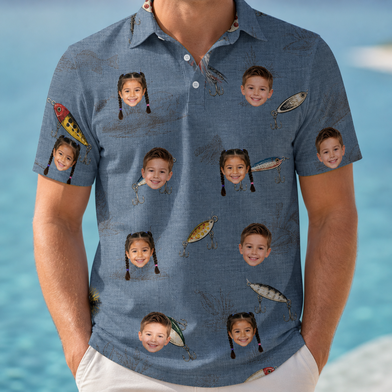 Model wearing Men's Jig Jamboree Custom Face Polo Shirt printed with kids' faces