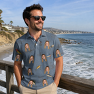 Real-life photo of someone wearing Men's Jig Jamboree Custom Face Polo Shirt — custom faces printed all-over