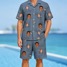 Model wearing Men's Jig Jamboree Custom Face Shirt & Shorts Set printed with kids' faces