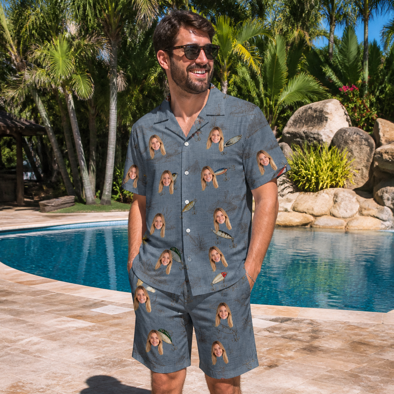 Real-life photo of someone wearing Men's Jig Jamboree Custom Face Shirt & Shorts Set — custom faces printed all-over
