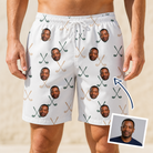 Man wearing Men's Golf Glyphs Custom Face Beach Shorts — custom faces printed all-over