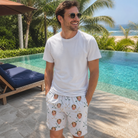 Real-life photo of someone wearing Men's Golf Glyphs Custom Face Beach Shorts — custom faces printed all-over
