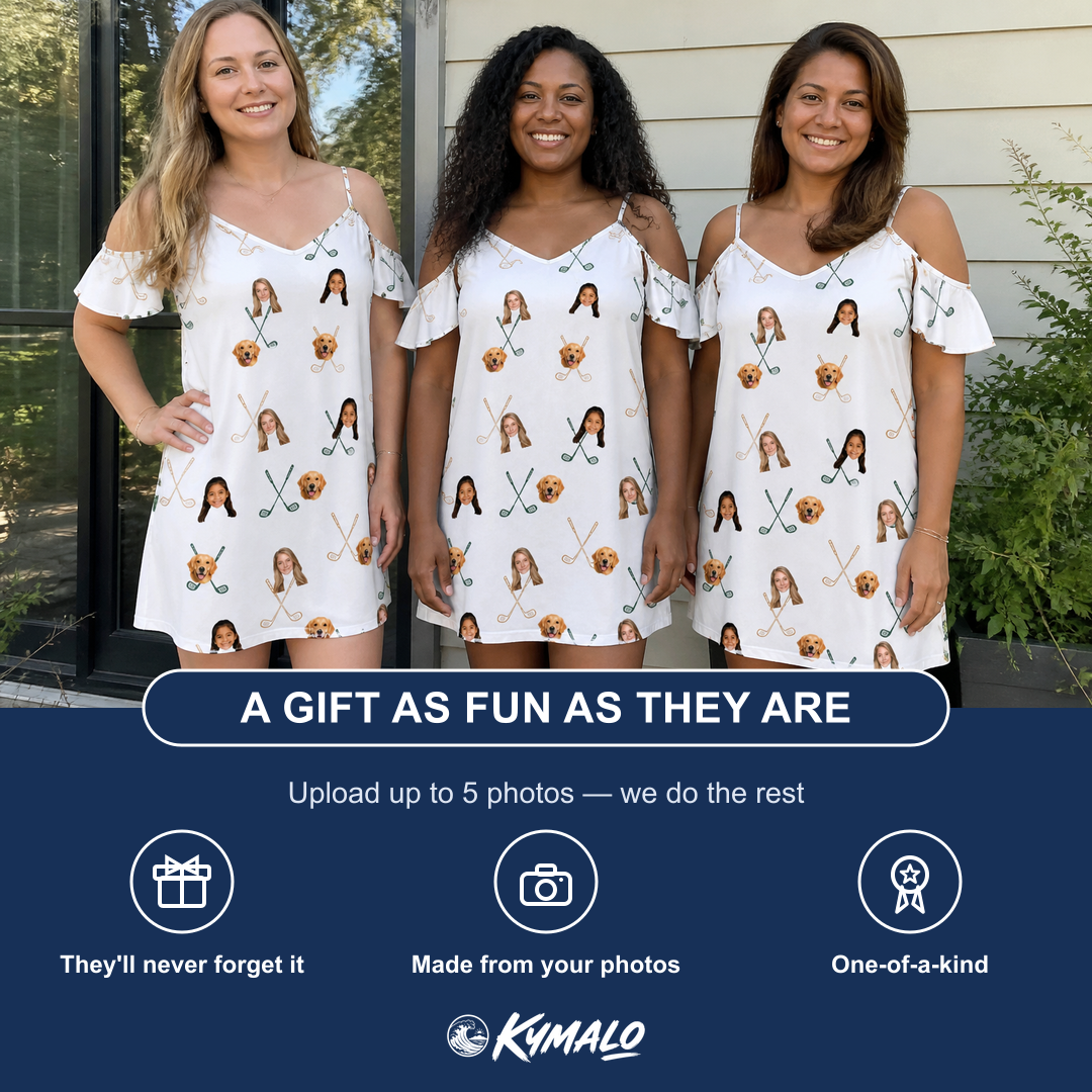 Friends in matching Women's Golf Glyphs Custom Face Off-Shoulder Dress — a group gift photo