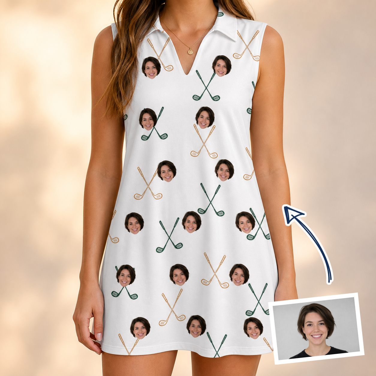 Woman wearing Women's Golf Glyphs Custom Face V-Neck Dress — custom faces printed all-over