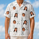 Model wearing Men's Golf Glyphs Custom Face Hawaiian Shirt printed with kids' faces