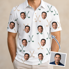 Man wearing Men's Golf Glyphs Custom Face Polo Shirt — custom faces printed all-over
