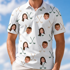 Model wearing Men's Golf Glyphs Custom Face Polo Shirt printed with kids' faces