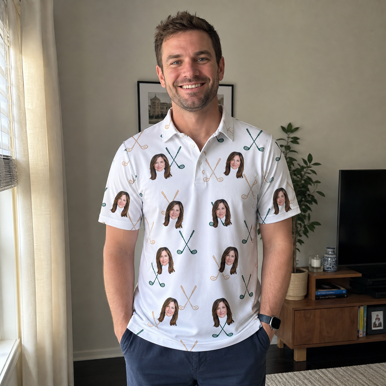 Real-life photo of someone wearing Men's Golf Glyphs Custom Face Polo Shirt — custom faces printed all-over