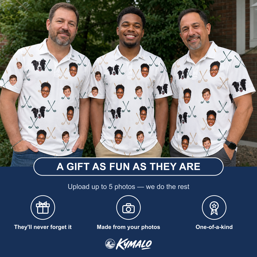 Friends in matching Men's Golf Glyphs Custom Face Polo Shirt — a group gift photo