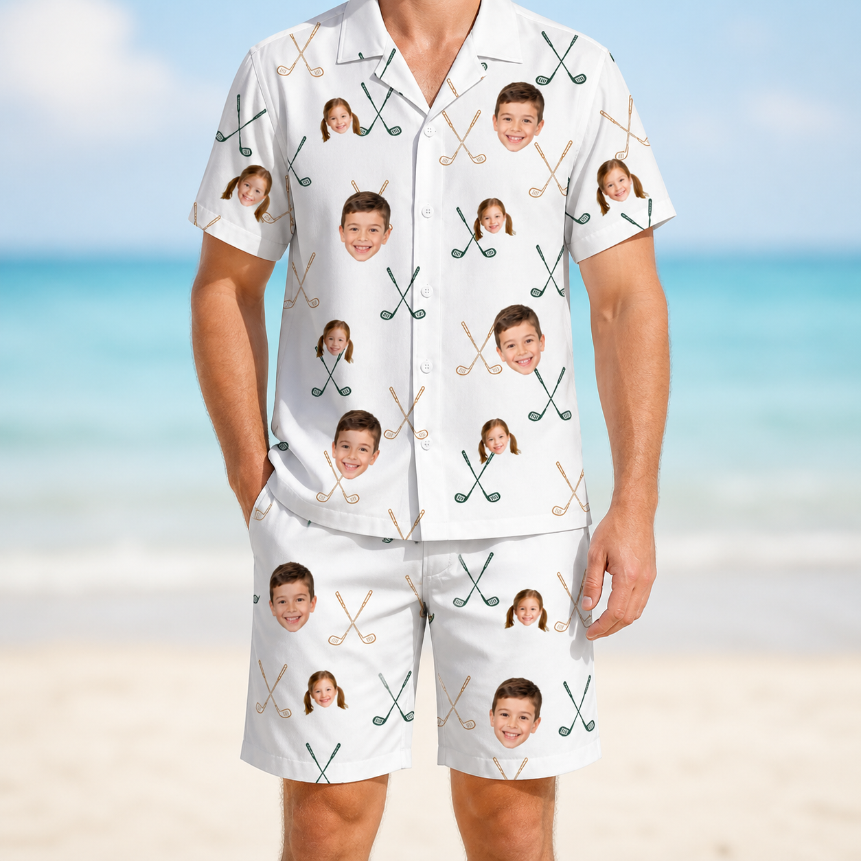 Model wearing Men's Golf Glyphs Custom Face Shirt & Shorts Set printed with kids' faces