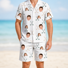 Model wearing Men's Golf Glyphs Custom Face Shirt & Shorts Set printed with kids' faces