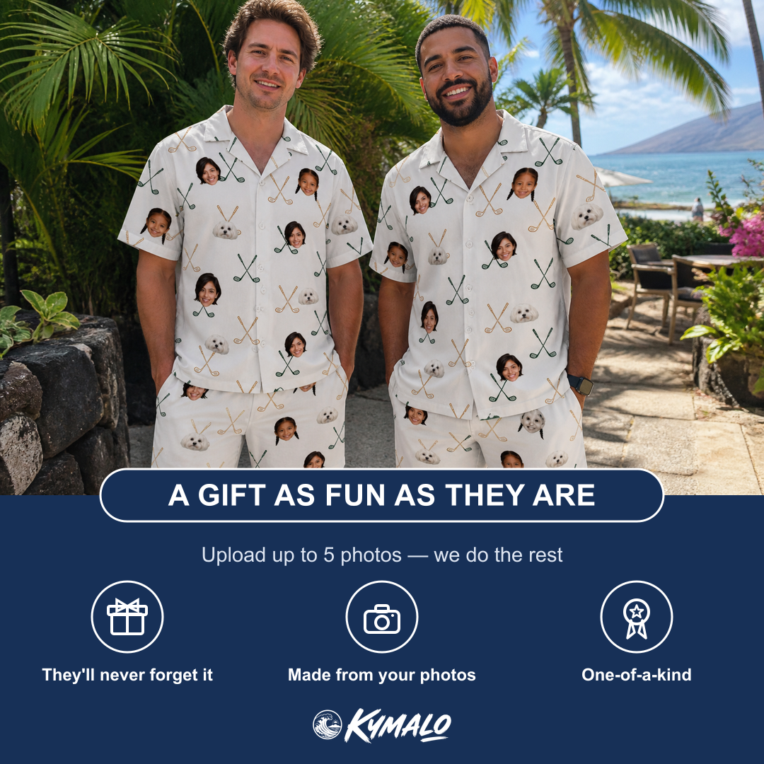 Friends in matching Men's Golf Glyphs Custom Face Shirt & Shorts Set — a group gift photo