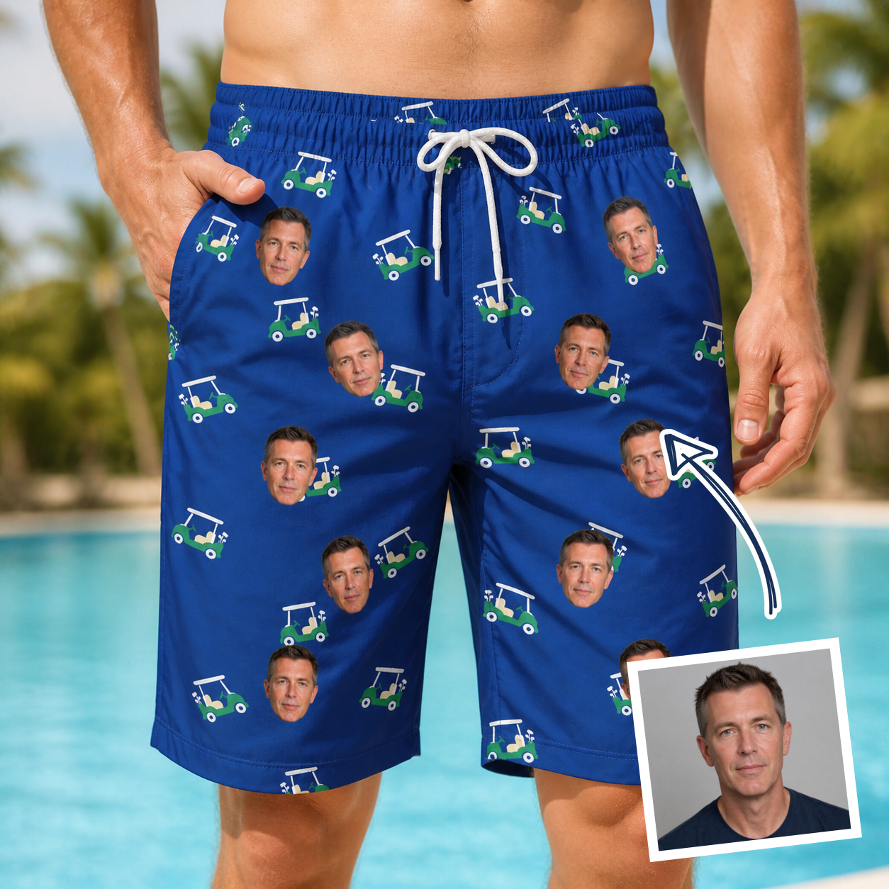 Man wearing Men's Bogey Buggies Custom Face Beach Shorts — custom faces printed all-over