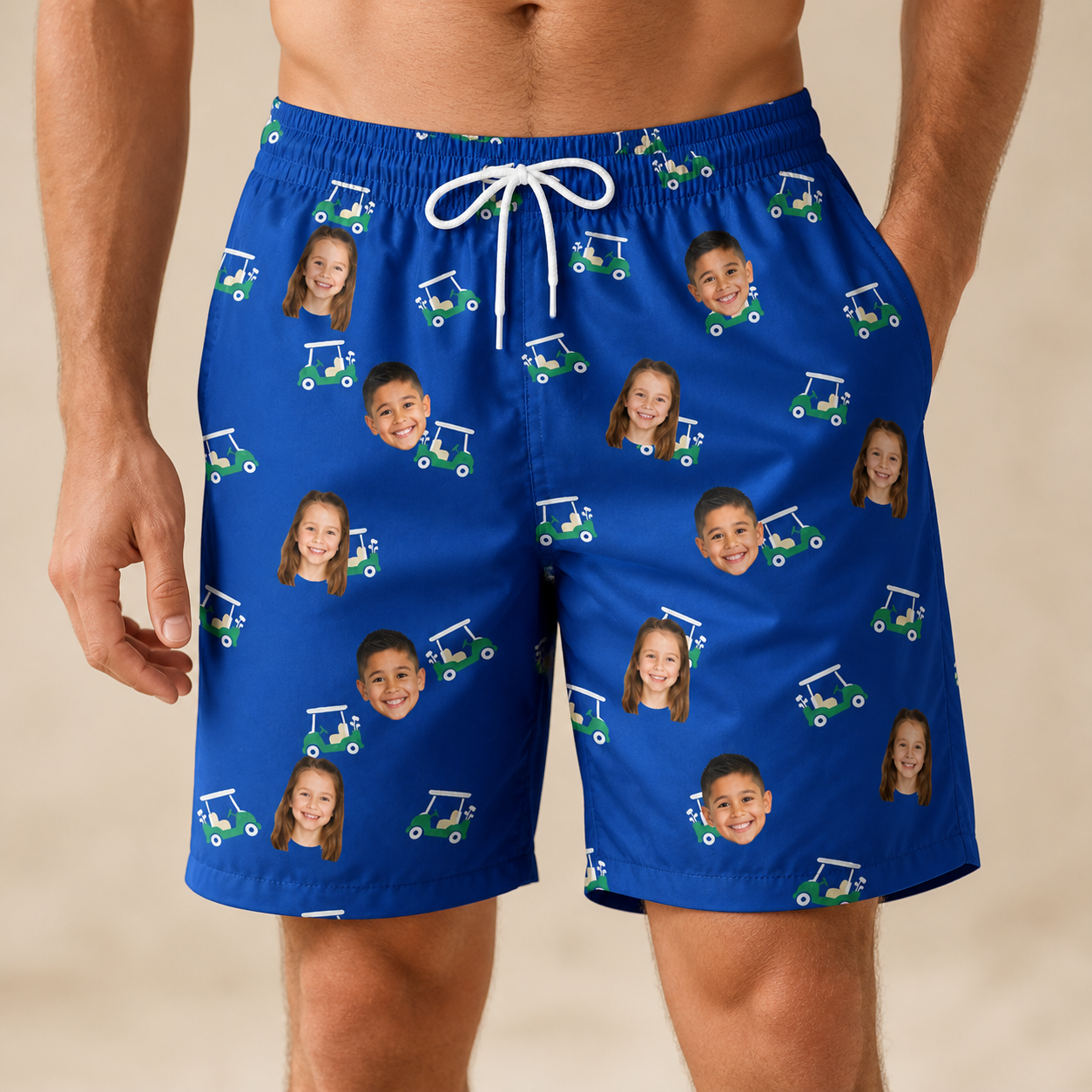 Model wearing Men's Bogey Buggies Custom Face Beach Shorts printed with kids' faces
