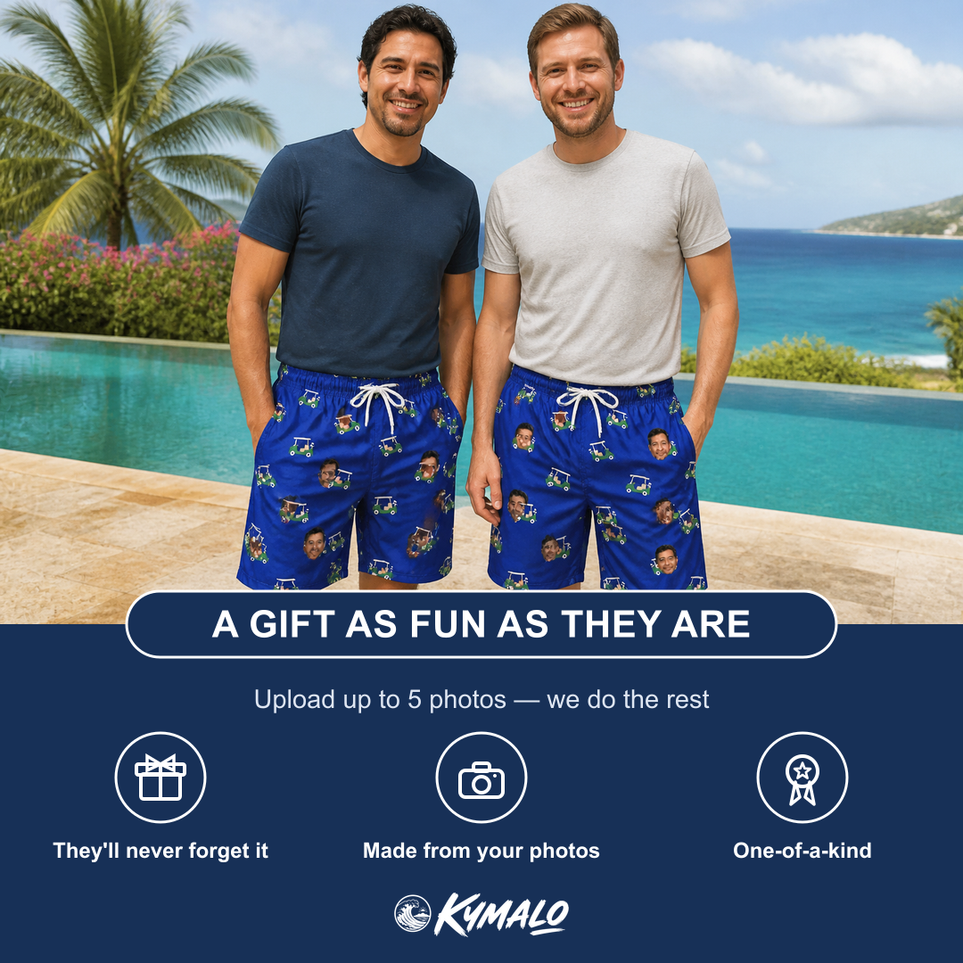 Friends in matching Men's Bogey Buggies Custom Face Beach Shorts — a group gift photo