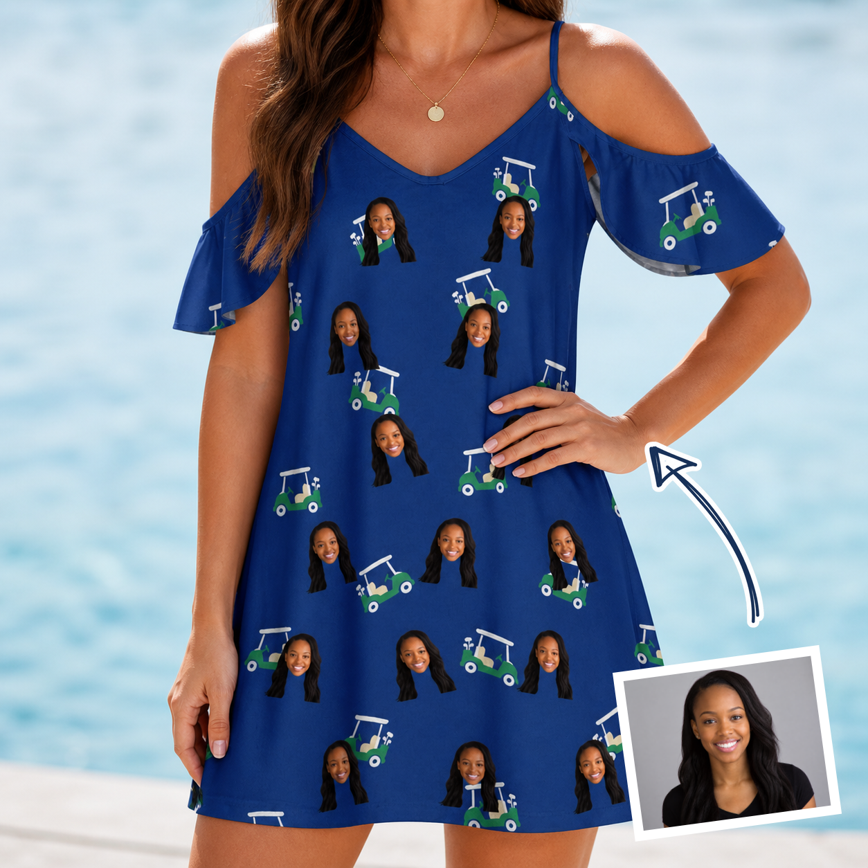 Woman wearing Women's Bogey Buggies Custom Face Off-Shoulder Dress — custom faces printed all-over