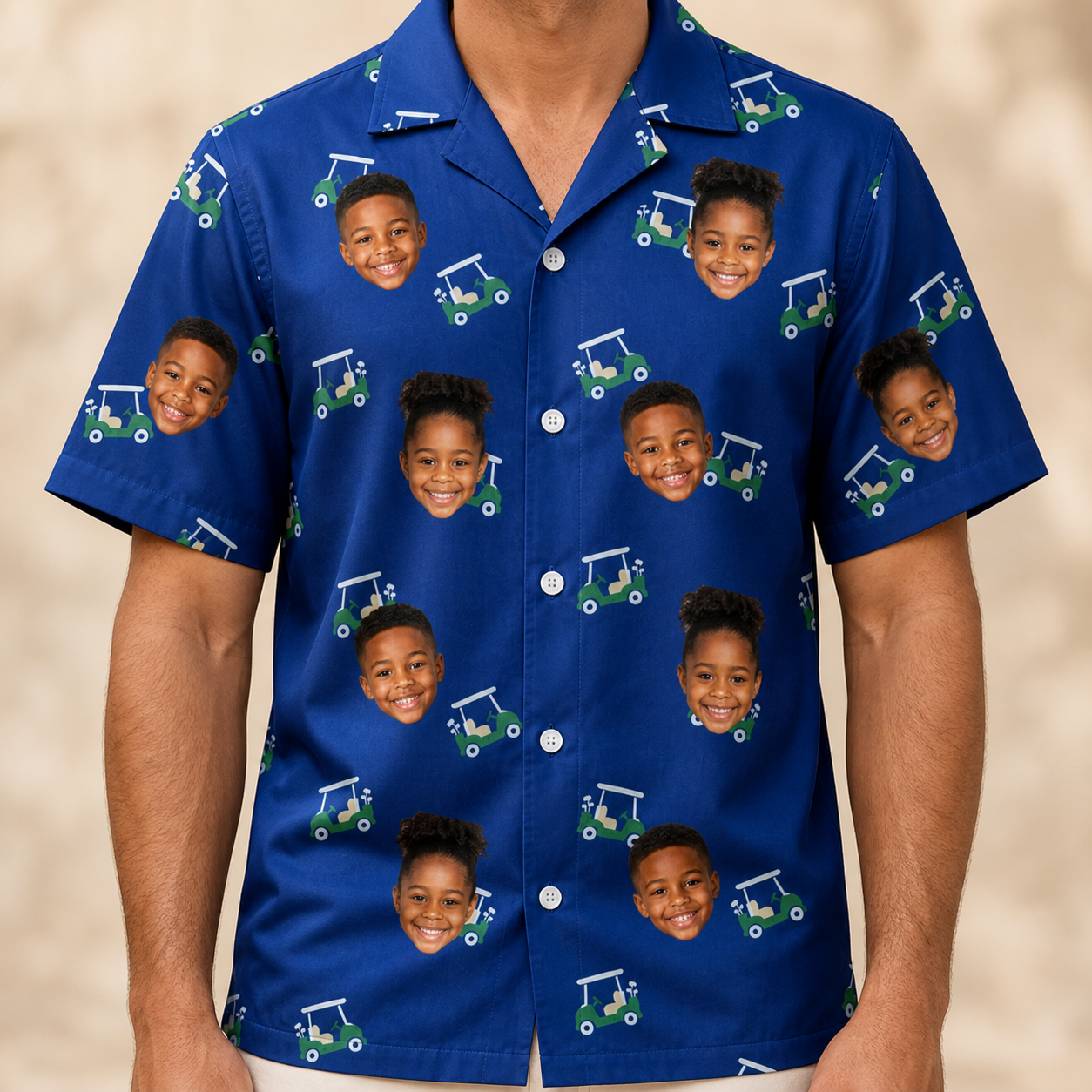 Model wearing Men's Bogey Buggies Custom Face Hawaiian Shirt printed with kids' faces