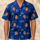 Model wearing Men's Bogey Buggies Custom Face Hawaiian Shirt printed with kids' faces