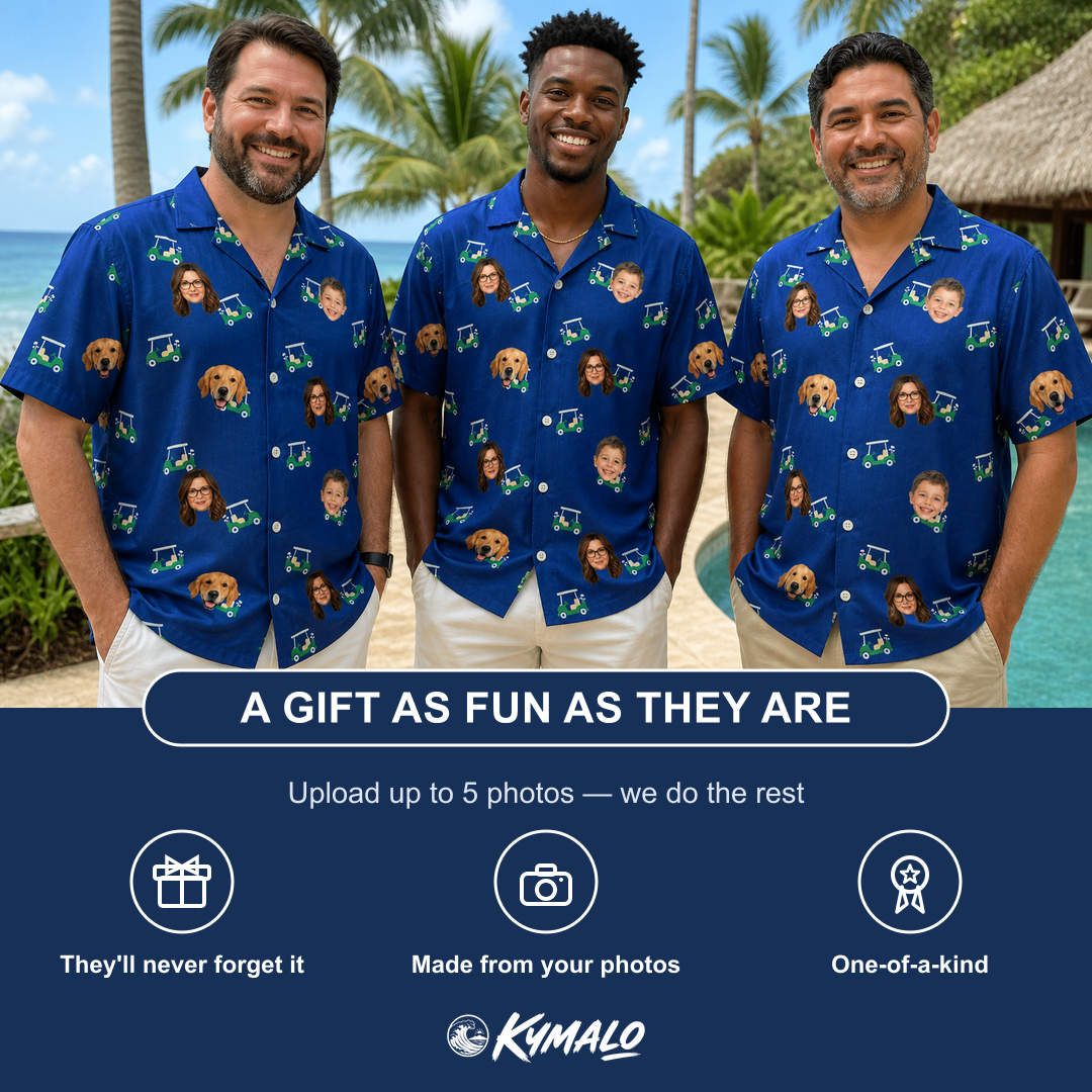Friends in matching Men's Bogey Buggies Custom Face Hawaiian Shirt — a group gift photo