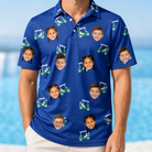 Model wearing Men's Bogey Buggies Custom Face Polo Shirt printed with kids' faces