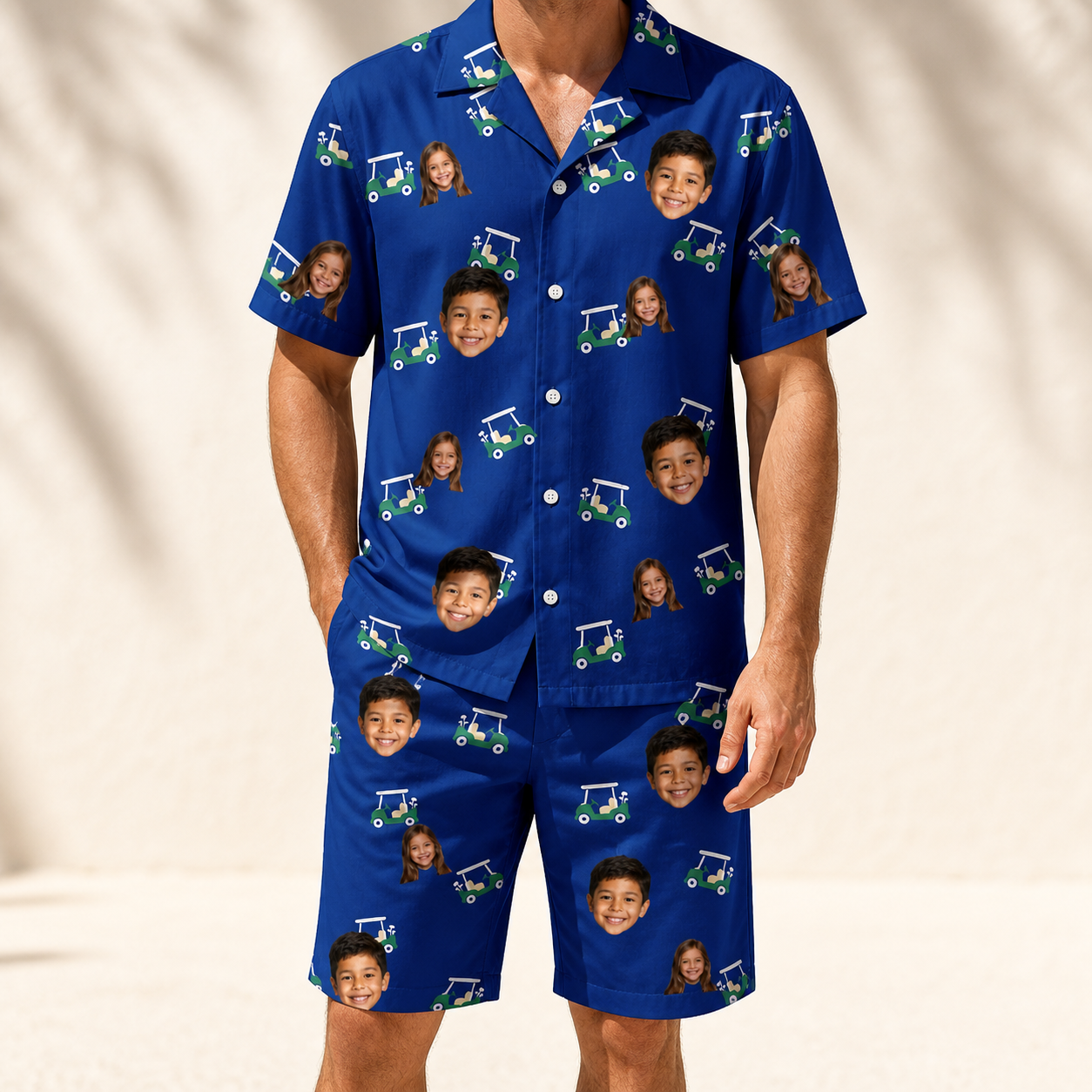 Model wearing Men's Bogey Buggies Custom Face Shirt & Shorts Set printed with kids' faces