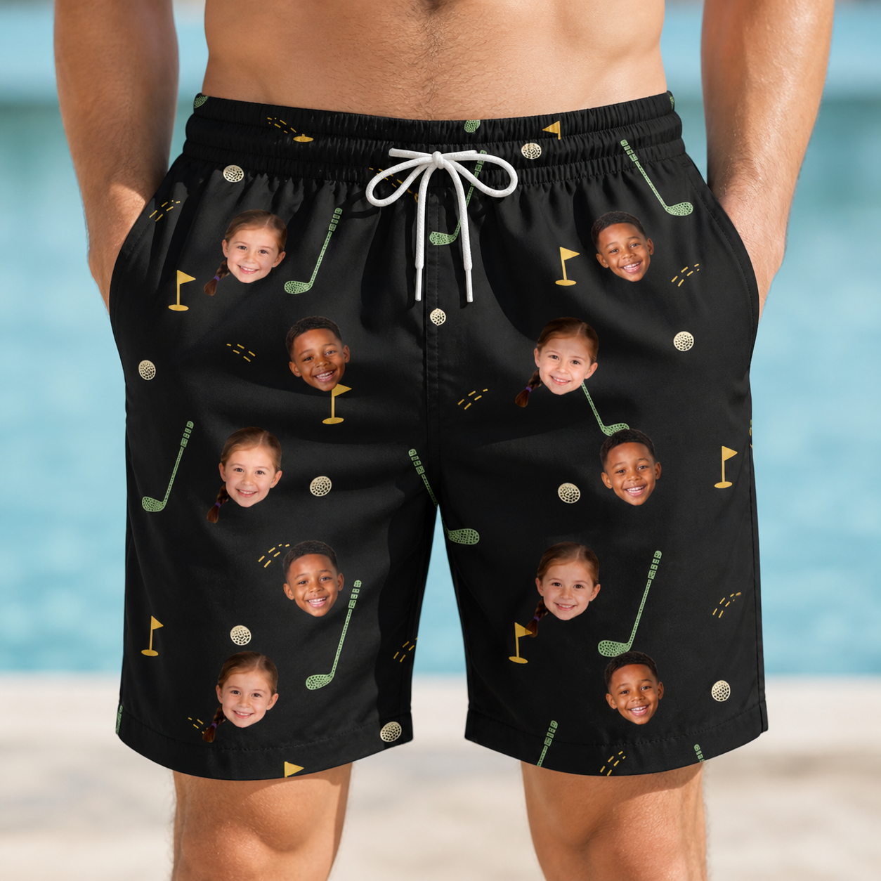 Model wearing Men's Wedge Whirl Custom Face Beach Shorts printed with kids' faces