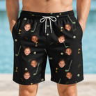 Model wearing Men's Wedge Whirl Custom Face Beach Shorts printed with kids' faces
