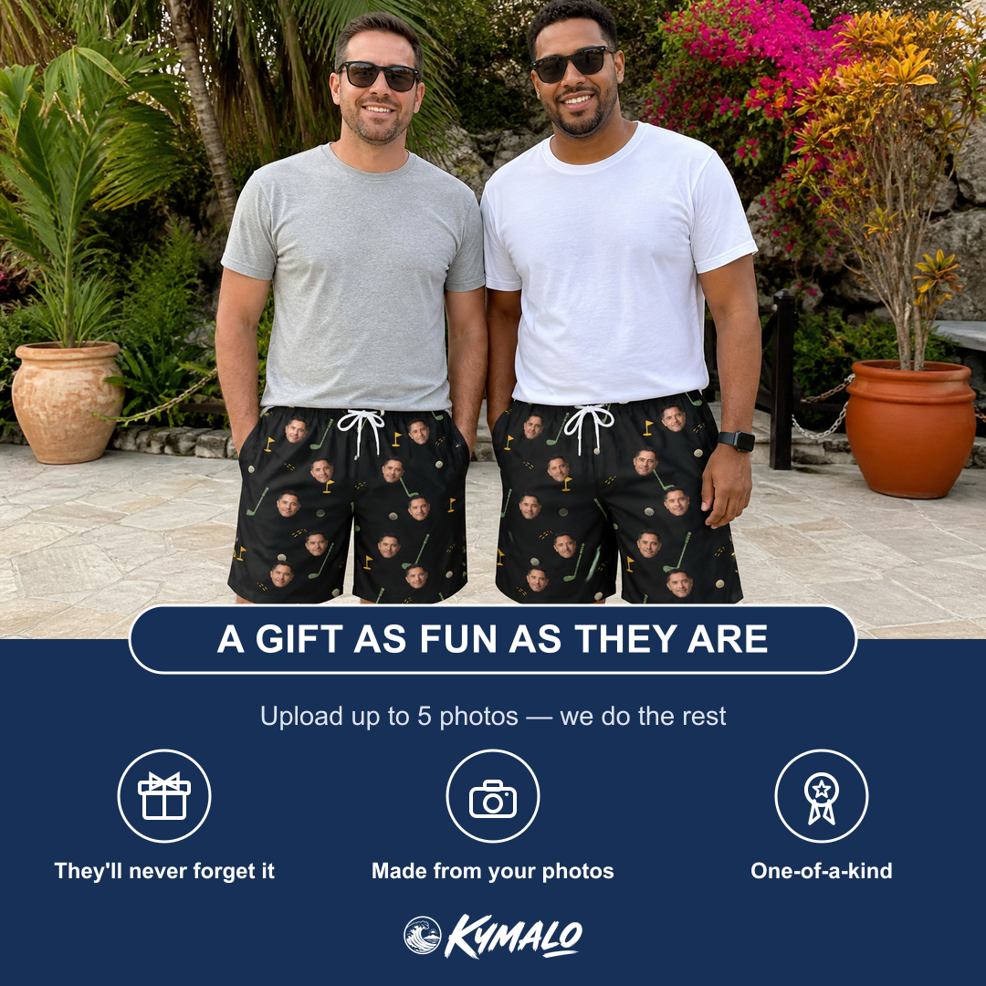 Friends in matching Men's Wedge Whirl Custom Face Beach Shorts — a group gift photo