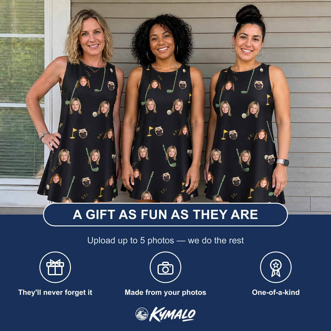 Friends in matching Women's Wedge Whirl Custom Face Tank Dress — a group gift photo