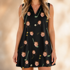 Model wearing Women's Wedge Whirl Custom Face V-Neck Dress printed with kids' faces