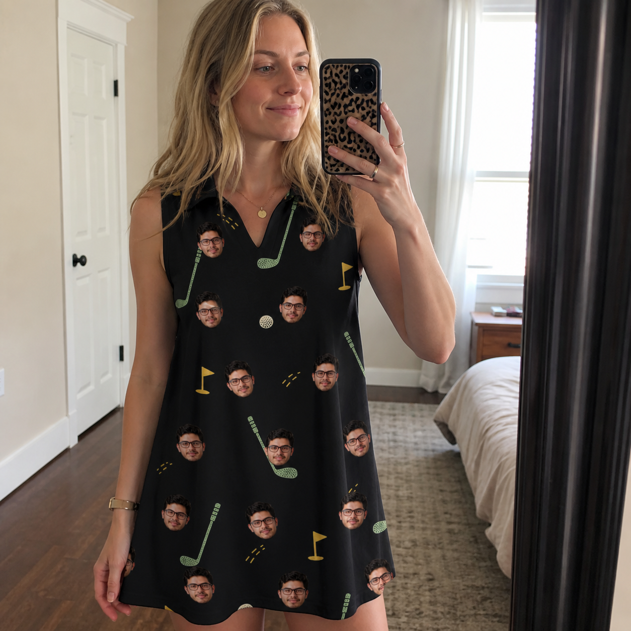 Real-life photo of someone wearing Women's Wedge Whirl Custom Face V-Neck Dress — custom faces printed all-over