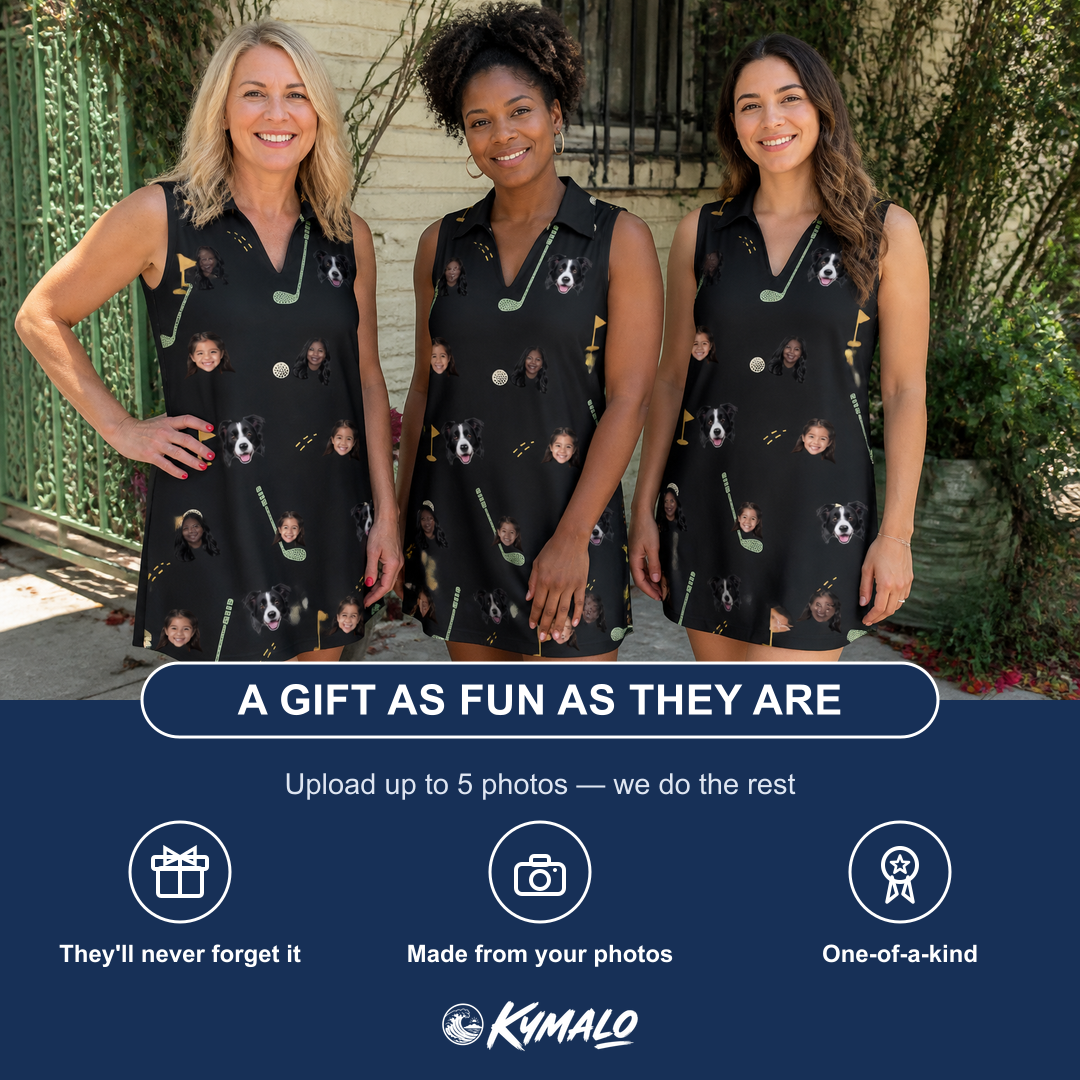 Friends in matching Women's Wedge Whirl Custom Face V-Neck Dress — a group gift photo