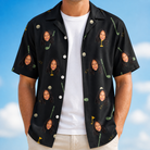 Man wearing Men's Wedge Whirl Custom Face Hawaiian Shirt open over a white tee