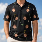 Model wearing Men's Wedge Whirl Custom Face Polo Shirt printed with kids' faces