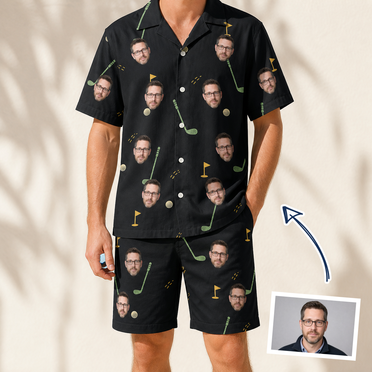 Man wearing Men's Wedge Whirl Custom Face Shirt & Shorts Set — custom faces printed all-over