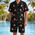 Model wearing Men's Wedge Whirl Custom Face Shirt & Shorts Set printed with kids' faces