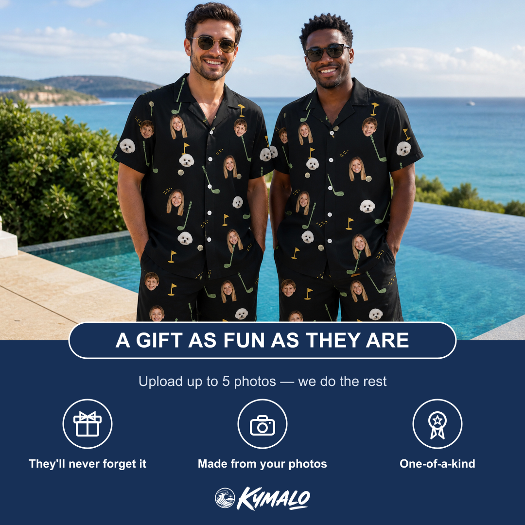 Friends in matching Men's Wedge Whirl Custom Face Shirt & Shorts Set — a group gift photo