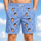 Model wearing Men's Iron Icons Custom Face Beach Shorts printed with kids' faces