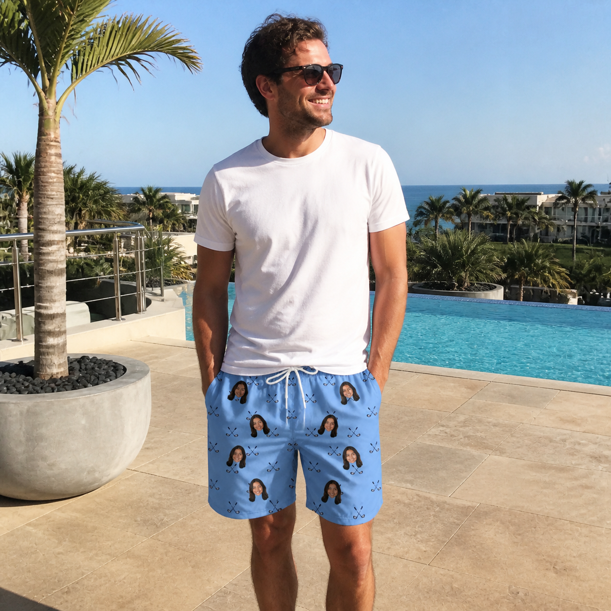 Real-life photo of someone wearing Men's Iron Icons Custom Face Beach Shorts — custom faces printed all-over